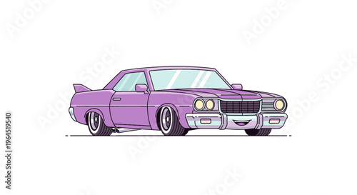 Illustration of a classic purple coupe car with a low profile and a cartoonish design
