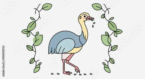 Cartoon ostrich with blue and yellow plumage, walking with a green vine border
