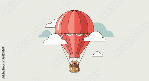 A teddy bear in a red hot air balloon floats amidst clouds against a light gray background