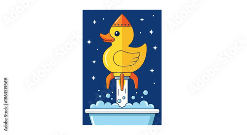 A yellow rubber ducky in space helmet takes off as a rocket ship from a bubbly bath