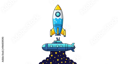 A rocket and submarine float on a white background, the submarine launching into space