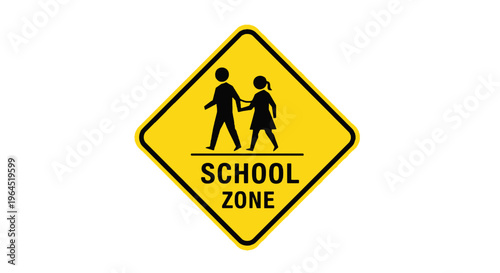 A diamond-shaped yellow sign with black figures of a child and student with text