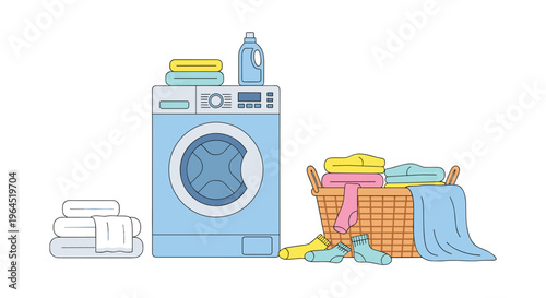 A cartoon-style illustration features a blue washing machine with a detergent bottle, a brown laundry basket filled with clothes, and folded towels on a white background.