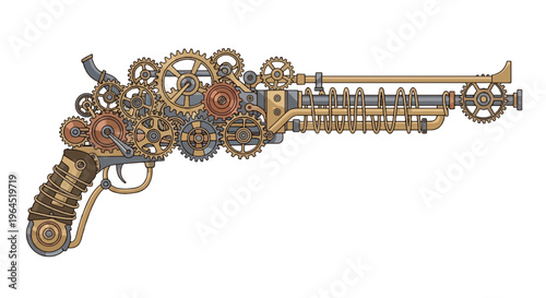 A steampunk style pistol with gears, coils, and pipes. It's a mechanical and ornate weapon