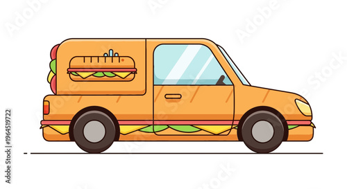 Cartoon illustration of a food truck designed like a sandwich, orange and tan