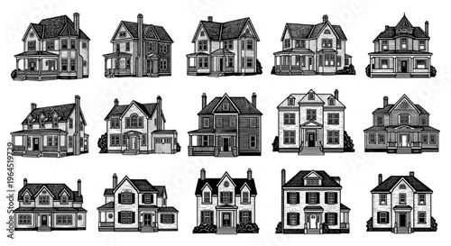 American House Vector Set, Classic Residential Architecture, Black White Buildings, Home Designs Illustration Collection