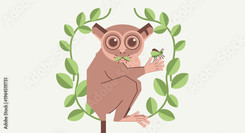 Illustration of a tarsier holding a bug, encircled by leaves. Neutral background