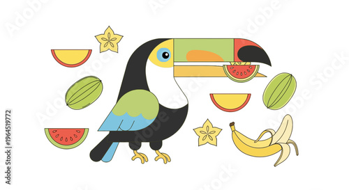 A stylized toucan with a colorful beak and fruit, featuring slices of watermelon and bananas