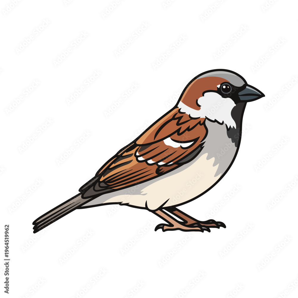 Obraz premium Sparrow bird standing on ground looking sideways in brown gray and white plumage