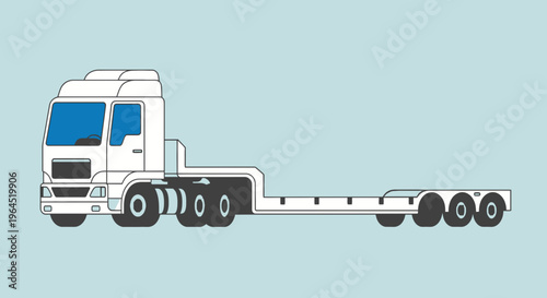 Illustration of a white flatbed semi-truck with a blue-tinted cab on a light blue background