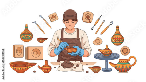 Crafting Legacy: An artisan meticulously shapes clay, surrounded by tools and works-in-progress, in a display of skill and artistry.