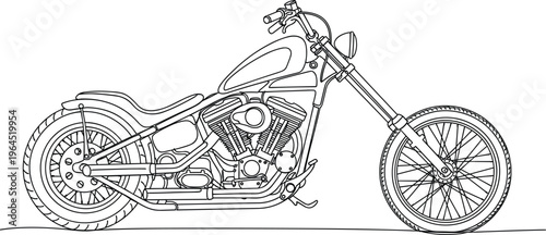Minimalist line art illustration featuring a custom chopper motorcycle with extended front forks and a classic v-twin engine.
