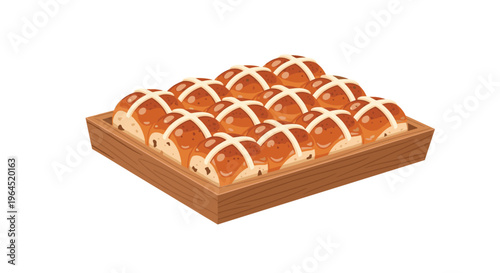 An illustration displays a rectangular wooden tray filled with sixteen perfectly arranged golden-brown hot cross buns, each adorned with a white icing cross.
