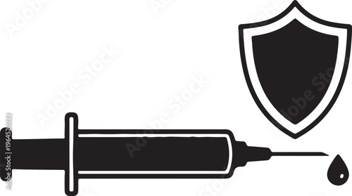 Vaccination Protection Concept Vector Medical Syringe with Shield and Drop Symbol for Immunization and Healthcare Safety Design