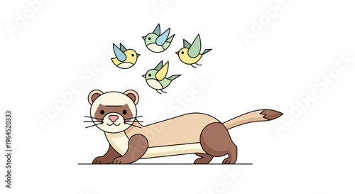 Cartoon ferret with birds.  A ferret is drawn on a line with 4 birds above him