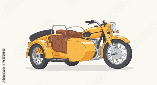 A yellow motorcycle with a sidecar, rendered in a simple, flat, illustrative style