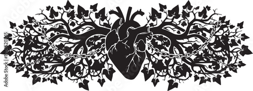 Anatomical human heart surrounded by intertwined roots, branches, ivy leaves, and chains, gothic vector artwork.