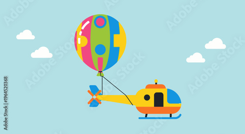 A cartoon helicopter attached to a colorful balloon floating in a blue sky with clouds