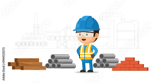 An illustration shows a cheerful male construction worker in a blue hard hat and safety vest standing among stacks of wooden planks, metal pipes, and red bricks.