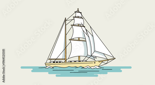 A sailboat, with white sails and a light-colored hull, floats on water. The background is cream