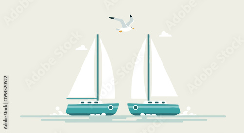 Two sailboats sail near each other on the water, with a seagull overhead