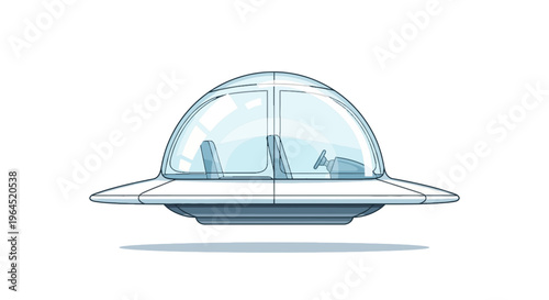 A cartoon-style flying saucer, saucer-shaped body, dome cockpit, floating on white background