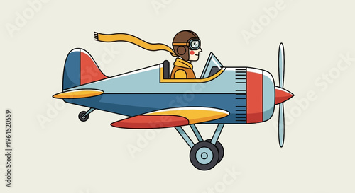 A cartoon biplane with a pilot in a leather helmet and scarf against a beige background