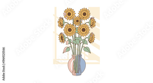 Illustration depicts sunflowers in a vase. Background has hints of light & shadows