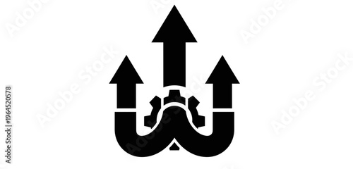 Abstract black symbol with three upward arrows emerging from gear like base representing growth progress and synergy