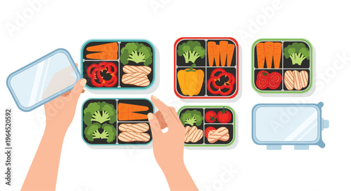 Two hands arrange multiple open bento boxes filled with various healthy food items, including chicken and vegetables, on a clean white surface.