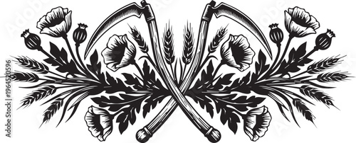 Crossed scythes with wheat stalks and poppy flowers silhouette for harvest festival and vintage agricultural crest decoration.