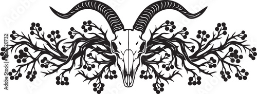 Mysterious ram skull adorned with berry branches and ornate swirling vines, dark fantasy and gothic decor element.
