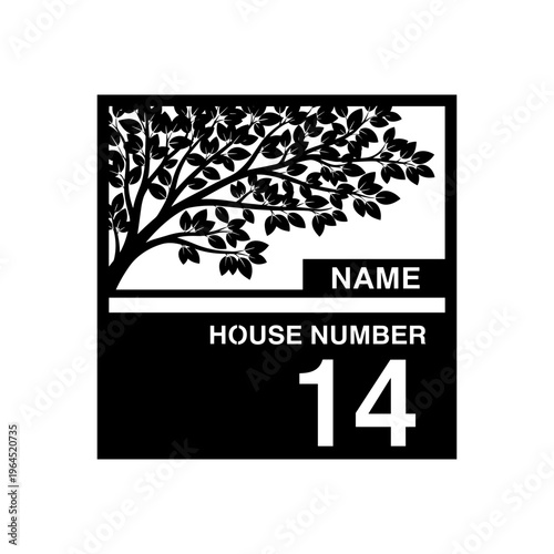 Modern black and white house number plaque with elegant tree silhouette and customizable name area for property