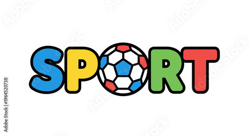 Vibrant word 'sport' creatively designed with a classic black and white soccer ball replacing the letter 'o'