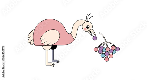 Cartoon ostrich in pink eats berries from a stem. Simple, minimalist design on white