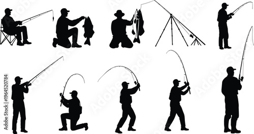 Black silhouette collection of fishermen holding rods and big fish standing and sitting in various poses for outdoor fishing hobby design