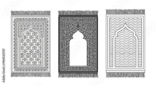 Three intricately patterned islamic prayer rugs with decorative borders and tassels displayed side by side