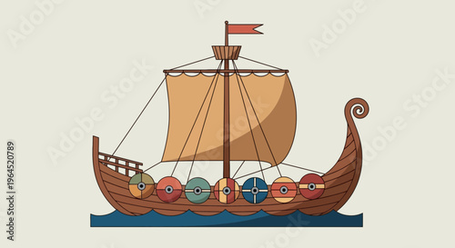 A stylized wooden ship with a large sail, shields, and a flag, sailing on blue waves