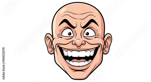 Manic bald man with wide evil grin creepy smile and wide eyes expressing mischief cunning and sinister intent on white