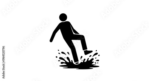 Silhouette of a person slipping and falling in a puddle of dark liquid representing danger accident and a warning sign