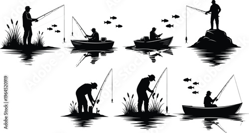 Black silhouette of man fishing in boat and on shore with fishing rod set isolated on white background for outdoor hobby concepts