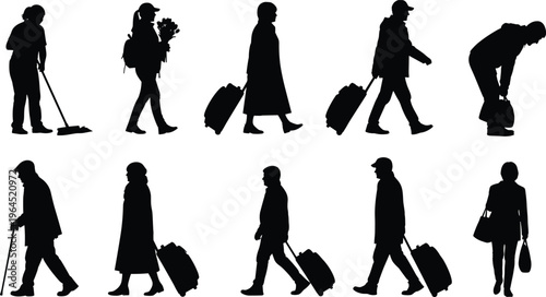 Black silhouette people walking with luggage suitcase bags and flowers on white background, group of travelers, diverse passengers in airport terminal
