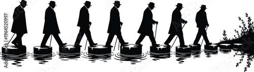 Black silhouette illustration of a row of businessmen wearing hats and coats walking across stepping stones over water toward a river bank.