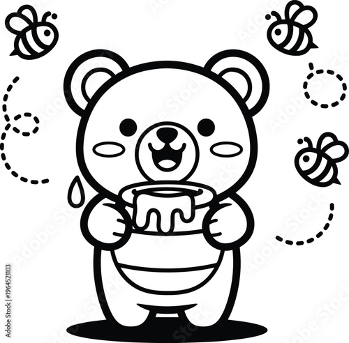 Cute bear holding honey pot with bees cartoon coloring page for kids, adorable teddy bear animal illustration in simple outline style for children activity book and printable coloring sheet