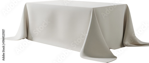 A rectangular table draped in a soft beige fabric tablecloth with elegant folds and clean lines isolated on transparent background