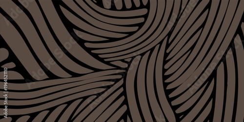Sophisticated abstract background featuring a dense interlocking woven pattern of curved brown lines over a black field. modern design