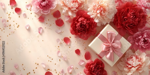 Wedding or Valentine design background featuring peony flowers and a wrapped gift box in gentle pastel tones