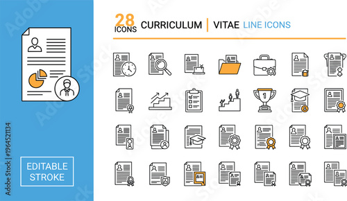 Professional curriculum vitae line icon set featuring resume documents career growth education certificates trophy awards and job recruitment symbols.