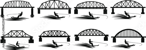 Collection of black silhouettes featuring water skiers glided through waves under various architectural bridge structures for summer sports and recreation designs
