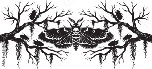 Black and white gothic death's-head hawk-moth with skull-like pattern on its thorax among bare tree branches.